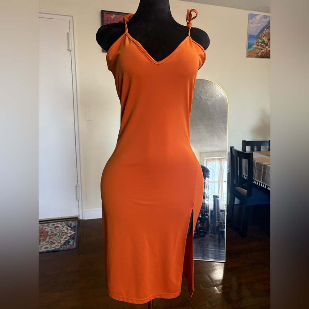 Orange V-Neck Midi Dress with Slit